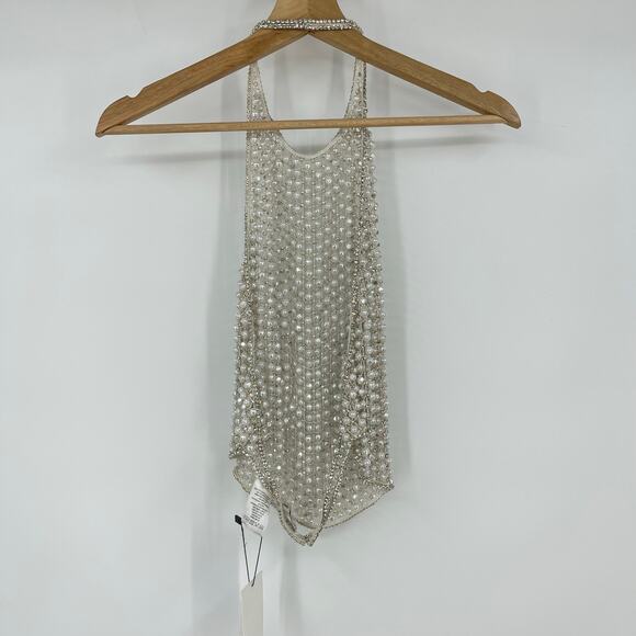 MAY MASHIAH X FWRD | Zoe Top in White & Natural Crystal Pearl Beaded Halter M - Picture 8 of 17
